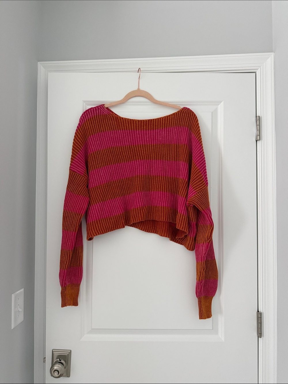 Free People Cropped Ribbed Crewneck Sweater in Hot Pink & Rust